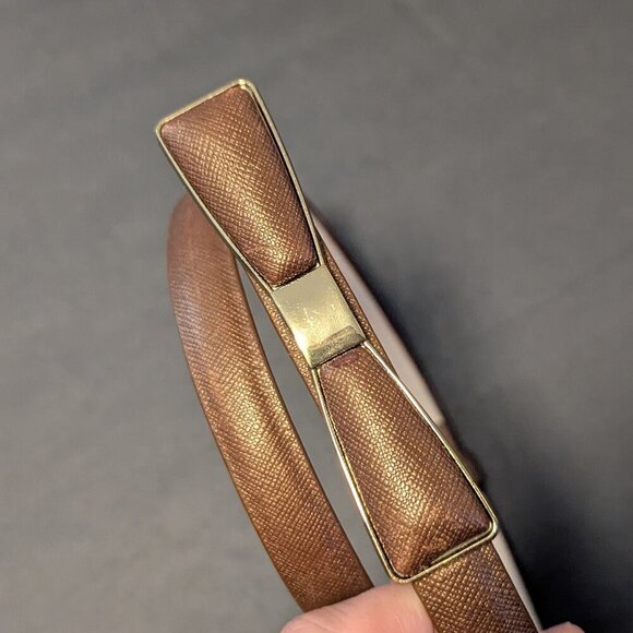 Vintage Skinny Belt Bow Tie Dainty Leather Statement Gold Hardware Bronze Brown - Picture 7 of 10